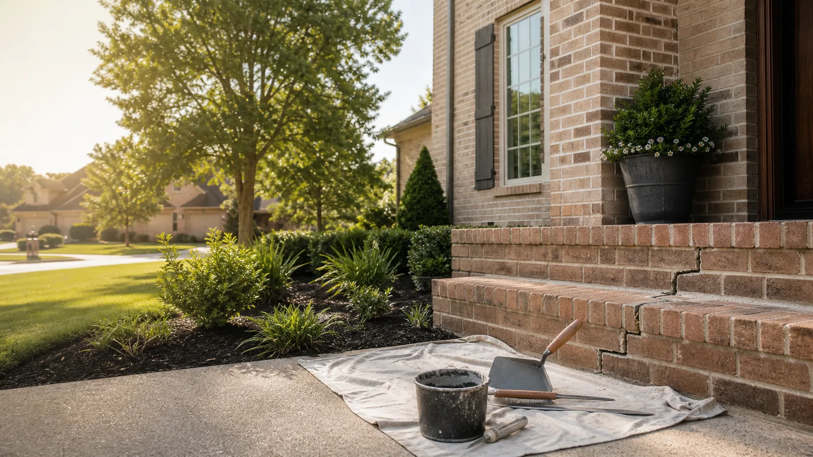 Premium Katy brick repair scene with a repaired crack and masonry tools